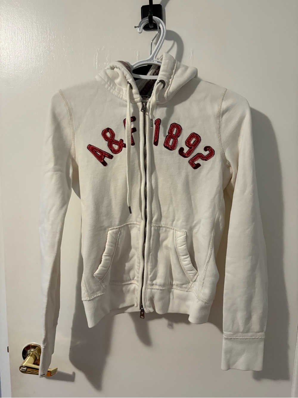Abercrombie & Fitch Cream Zip Hoodie with Red Appliqué Logo